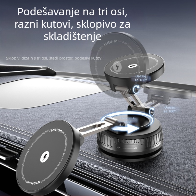 Auto držač za telefon s bežičnim punjenjem, magnetski, 15W, univerzalna kompatibilnost, montaža vakuumskom čašom