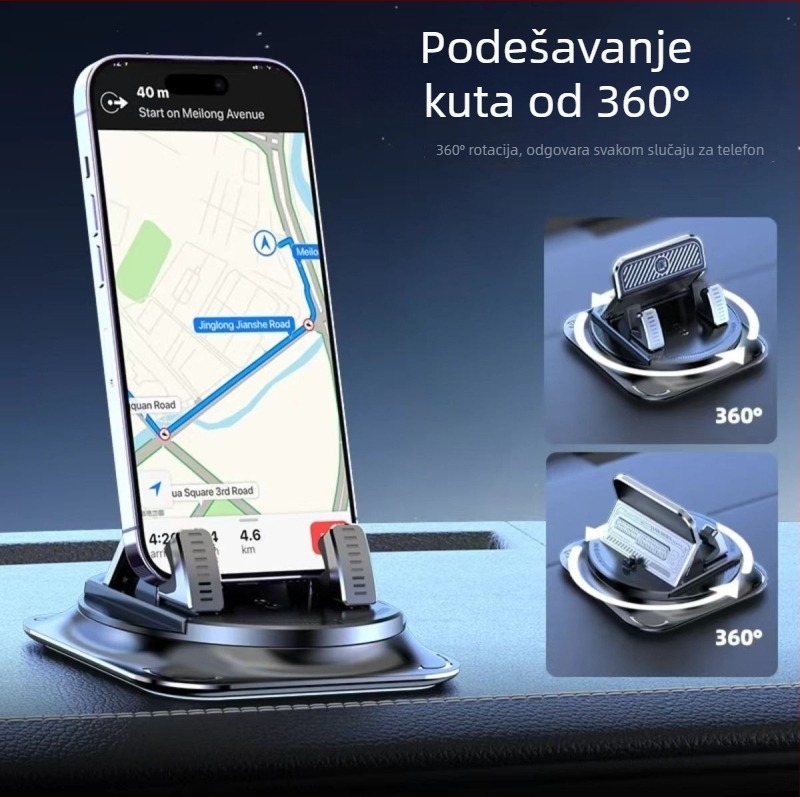 Držač za mobitel u vozilu — 360° rotacija, ljepljiva montaža na ploču, univerzalna kompatibilnost, protuklizna podloga uključena
