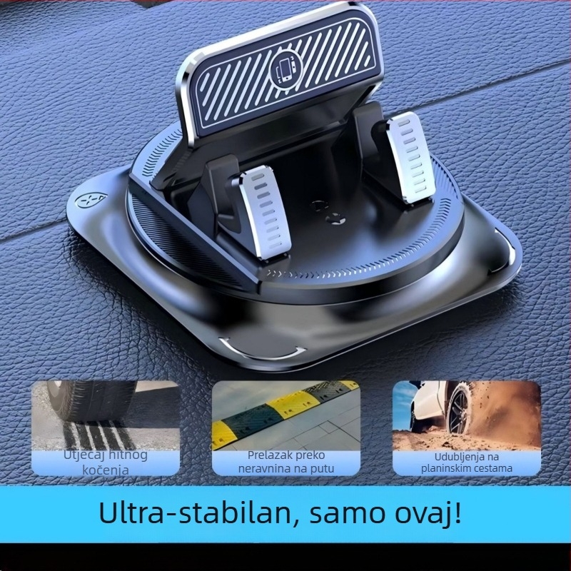 Držač za mobitel u vozilu — 360° rotacija, ljepljiva montaža na ploču, univerzalna kompatibilnost, protuklizna podloga uključena