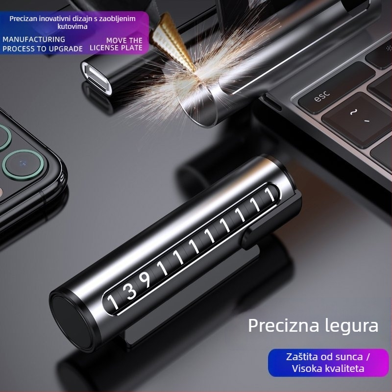 Skriveni dekorativni natpis registarske pločice za vozilo – Model 001, metal, s točkićem za broj i telefonskim brojem