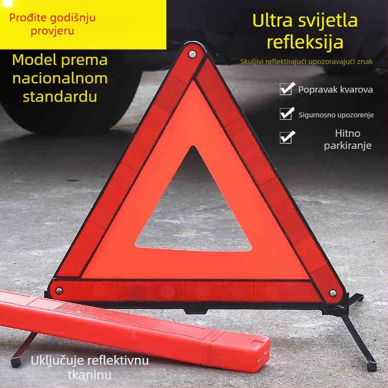 Automobilski trokutasti sigurnosni znak na tripod-stativu, ABS plastika, PP, reflektirajući materijal, sklopiv, za sigurnost u prometu i nužne situacije
