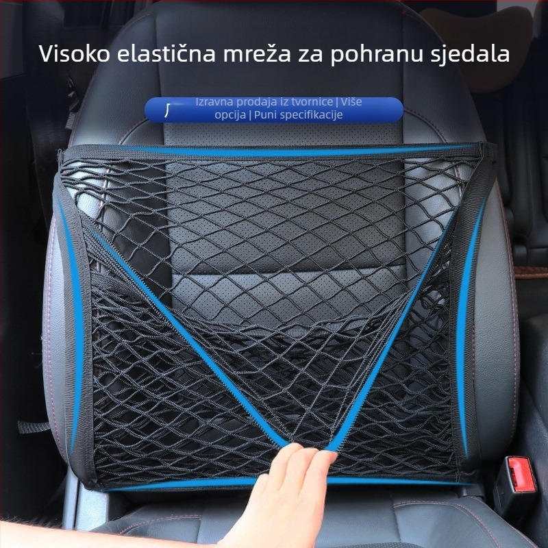 Auto mrežasta torba za pohranu za sjedalo, viseći organizator, tkanina, prilagodljiva, opća kompatibilnost (Materijal: Tkanina; Način upotrebe: Viseće; Funkcija: Prilagodljiva; Kompatibilnost: Opća)