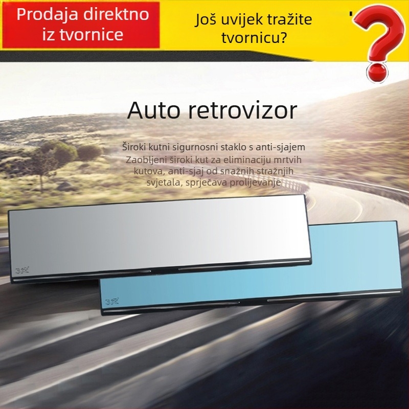 Unutarnji retrovizor automobila, veliki vidni ugao, antirefleks, široko zakrivljena površina, ravno ogledalo