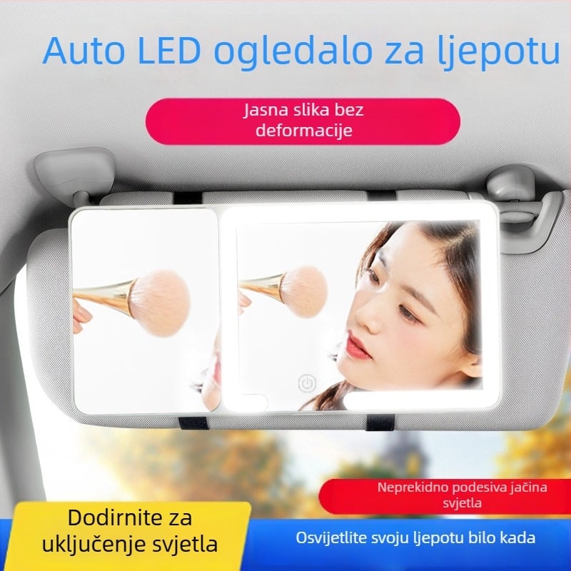 LED ogledalo za šminkanje u automobilu s rasvjetom i povećavajućim staklom, snap-on ugradnja