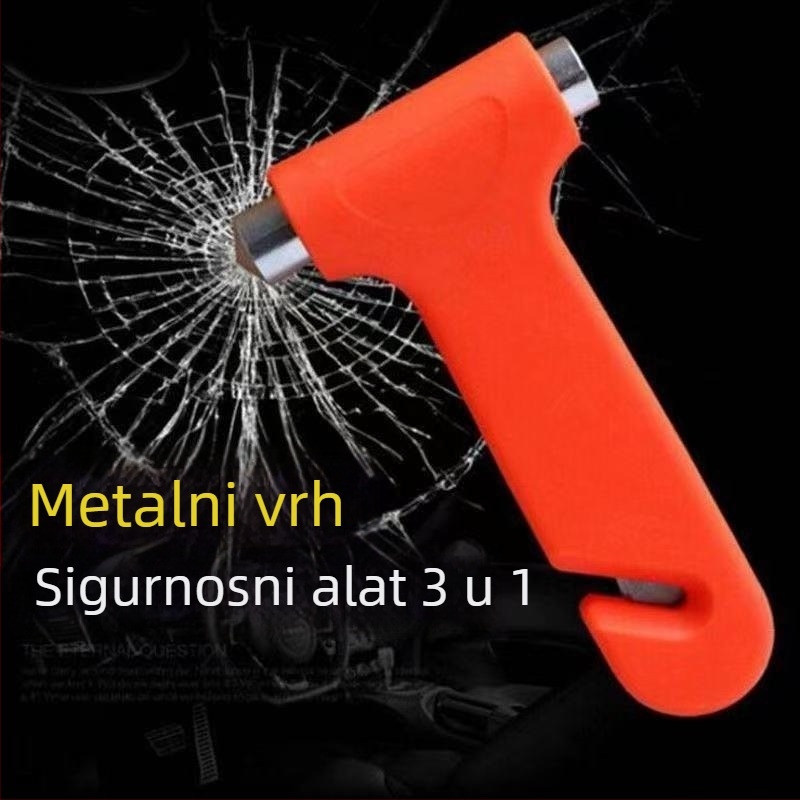 Automobilski sigurnosni čekić 2-u-1: razbijač stakla i alat za spašavanje; materijal PP plast i visokočvrsti čelik; težina 0,12 kg