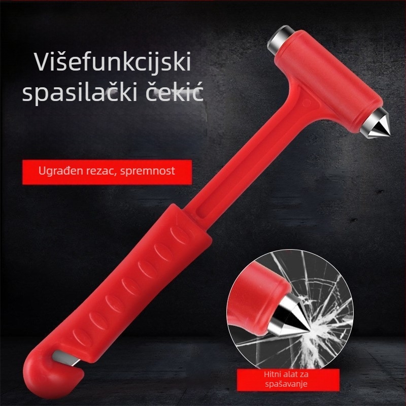 Automobilski razbijač prozora s dugim držalom - višenamjenski alat za spašavanje, čekić za nužne situacije, rezač sigurnosnog pojasa; Materijal: legura, željezna glava, ABS plastika; Težina: 70 g
