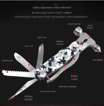 Auto čekić za razbijanje prozora — SL, nehrđajući čelik, 470 g, višenamjenski spašavajući alat