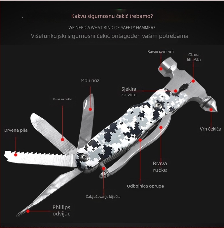 Auto čekić za razbijanje prozora — SL, nehrđajući čelik, 470 g, višenamjenski spašavajući alat