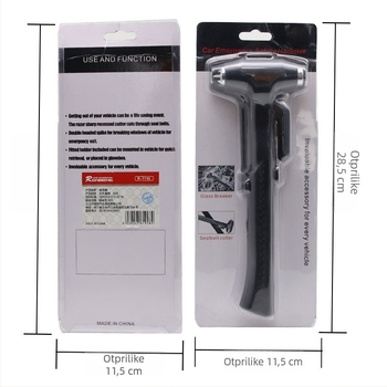 Automobilski metalni sigurnosni čekić — višenamjenski alat za bijeg, razbijač stakla s oštricom za rezanje; 45# karbonska čelika; 238 g; Marka: RUNDONG AUTO ACCESSORIES