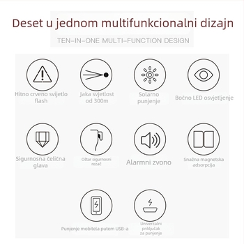 Automobilski sigurnosni čekić sa svjetlom i jakim magnetom, aluminijski spoj (Wing shield • aluminijski spoj • Life hammer flashlight)