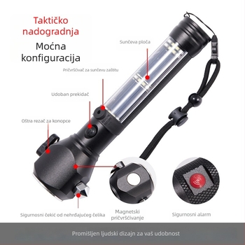 Automobilski sigurnosni čekić sa svjetlom i jakim magnetom, aluminijski spoj (Wing shield • aluminijski spoj • Life hammer flashlight)