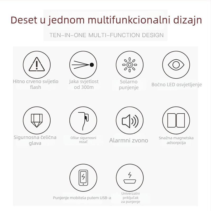 Automobilski sigurnosni čekić sa svjetlom i jakim magnetom, aluminijski spoj (Wing shield • aluminijski spoj • Life hammer flashlight)