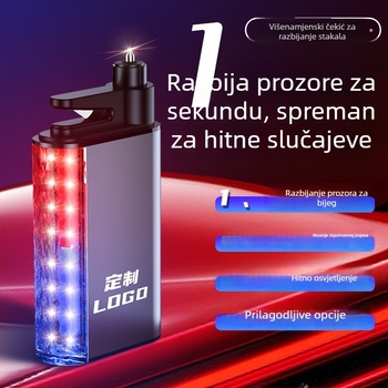 Automobilski sigurnosni čekić s višefunkcijskim LED svjetlom, alarmom i razbijačem prozora — tri u jednom s osvjetljenjem (Brand: Group Chi; Materijal: aluminijska legura + ABS + PC + čelik; Težina: 0,3 kg)