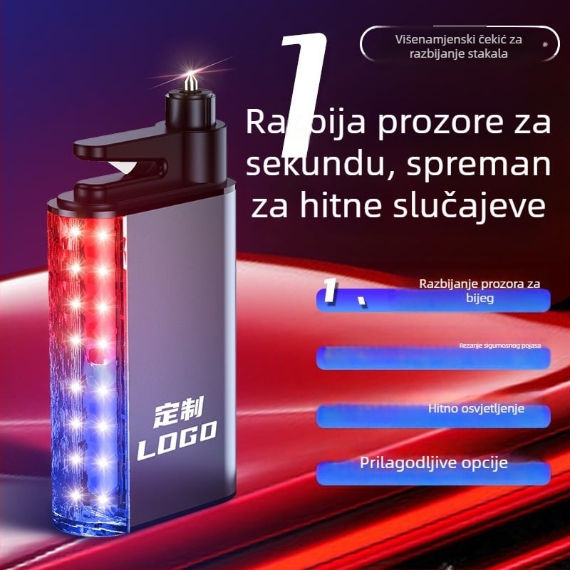 Automobilski sigurnosni čekić s višefunkcijskim LED svjetlom, alarmom i razbijačem prozora — tri u jednom s osvjetljenjem (Brand: Group Chi; Materijal: aluminijska legura + ABS + PC + čelik; Težina: 0,3 kg)