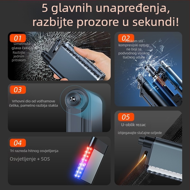 Automobilski sigurnosni čekić s višefunkcijskim LED svjetlom, alarmom i razbijačem prozora — tri u jednom s osvjetljenjem (Brand: Group Chi; Materijal: aluminijska legura + ABS + PC + čelik; Težina: 0,3 kg)