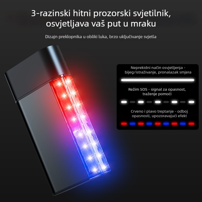 Automobilski sigurnosni čekić s višefunkcijskim LED svjetlom, alarmom i razbijačem prozora — tri u jednom s osvjetljenjem (Brand: Group Chi; Materijal: aluminijska legura + ABS + PC + čelik; Težina: 0,3 kg)