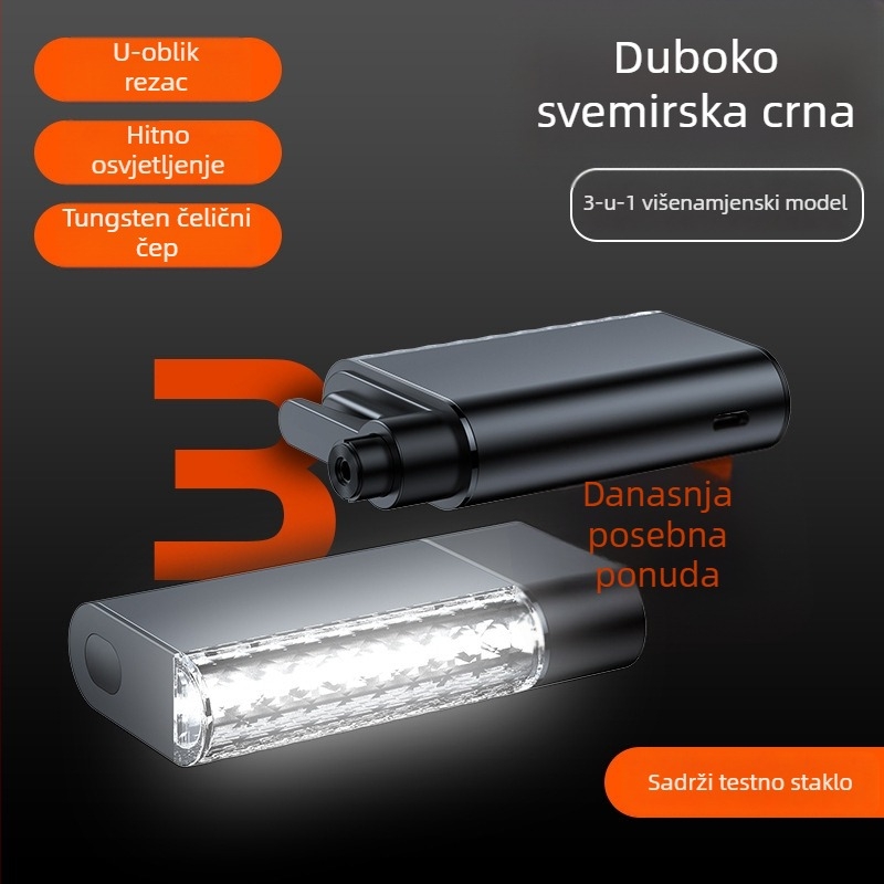 Automobilski sigurnosni čekić s višefunkcijskim LED svjetlom, alarmom i razbijačem prozora — tri u jednom s osvjetljenjem (Brand: Group Chi; Materijal: aluminijska legura + ABS + PC + čelik; Težina: 0,3 kg)