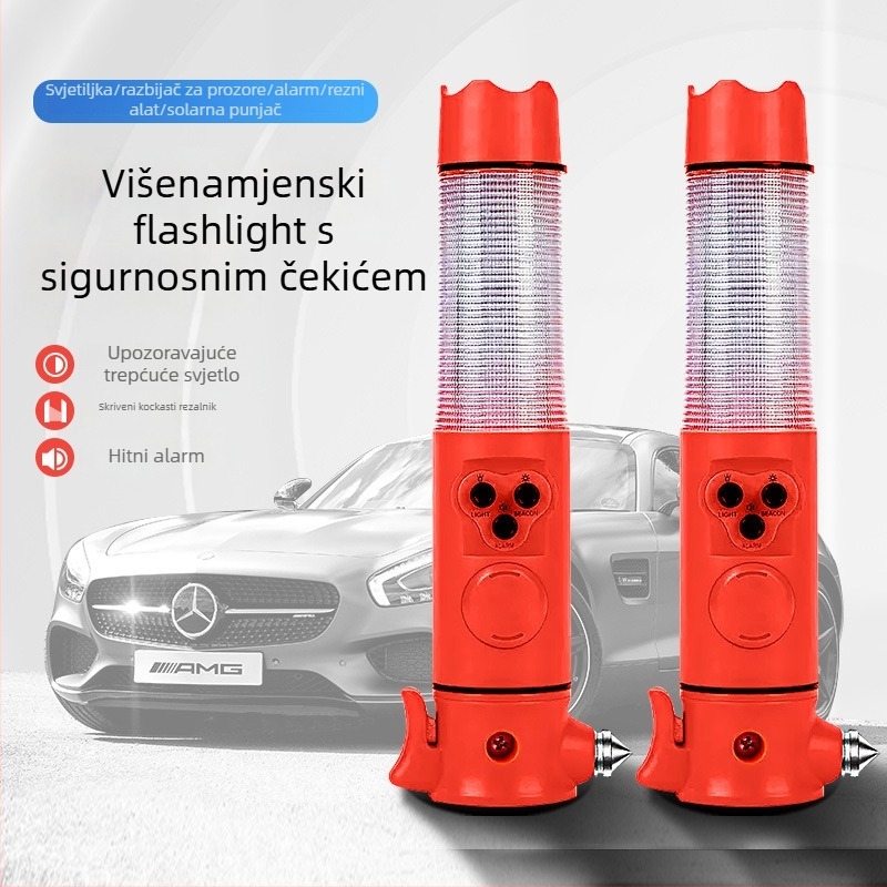 Auto sigurnosni čekić s višefunkcijskim spašavajućim alatom, svjetlom i upozorenjem, šest-u-jednom razbijačem prozora s rezačem, plastika, 180 g