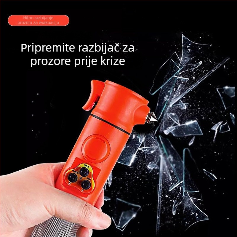Auto sigurnosni čekić s višefunkcijskim spašavajućim alatom, svjetlom i upozorenjem, šest-u-jednom razbijačem prozora s rezačem, plastika, 180 g