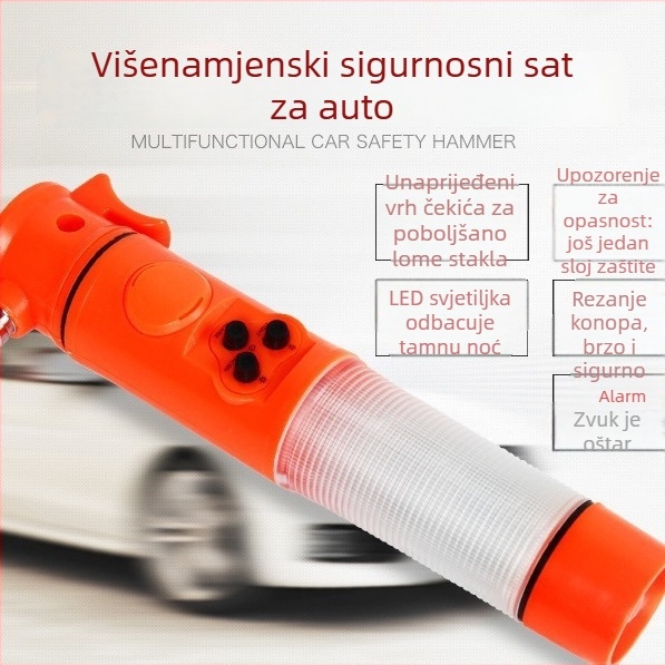 Automobilski spašavajući čekić 4-u-1 – razbijač stakla, LED svjetlo i snažan magnet; ABS plastika; težina 150 g; moguća privatna oznaka.
