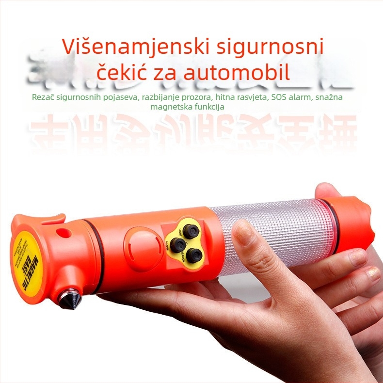 Višenamjenski automobilni sigurnosni čekić sa svjetlom i alarmom – 6 u 1, ABS, 150 g, magnetsko pričvršćivanje