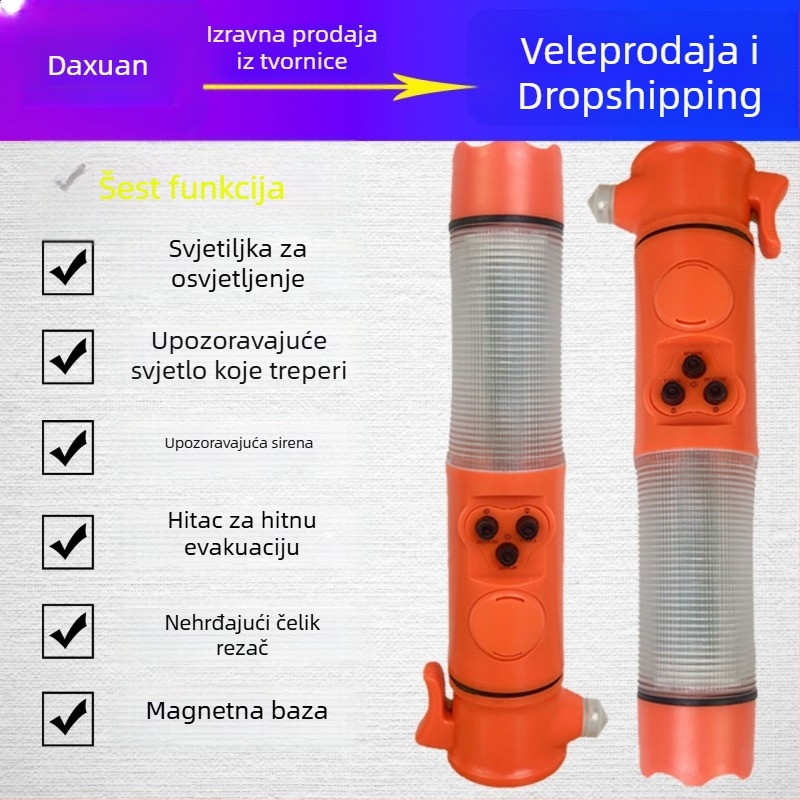 Višenamjenski automobilni sigurnosni čekić sa svjetlom i alarmom – 6 u 1, ABS, 150 g, magnetsko pričvršćivanje