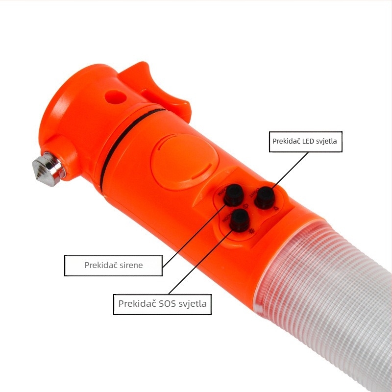 Višenamjenski automobilni sigurnosni čekić sa svjetlom i alarmom – 6 u 1, ABS, 150 g, magnetsko pričvršćivanje