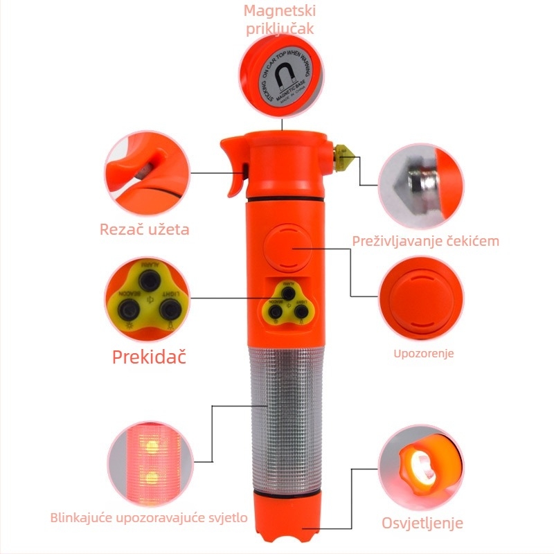 Hitna višefunkcionalna baterija – razbijač prozora, čekić, nužno osvjetljenje, upozoravajuće bljeskanje, 6-u-1; Materijal: plastika + metal; Težina: 0.2