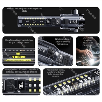 Višestruki taktički LED fenjer s čekićem i rezom, 18650 baterija, Type-C punjenje, LED+COB, 15W, 360° rotirajuća glava, domet 100–200 m