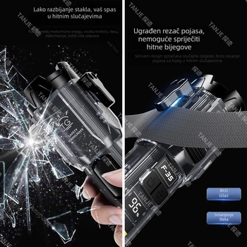 Višestruki taktički LED fenjer s čekićem i rezom, 18650 baterija, Type-C punjenje, LED+COB, 15W, 360° rotirajuća glava, domet 100–200 m