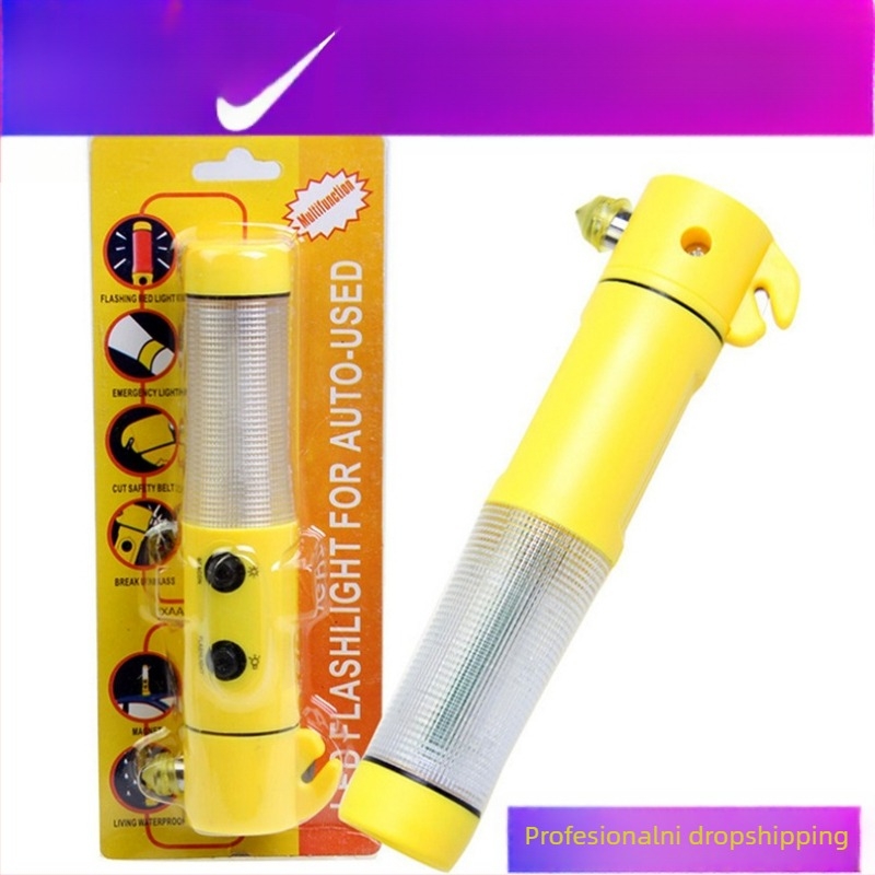 4-u-1 automobil spašavajući čekić: razbijač stakla, nužno svjetlo i jak magnetski; ABS plastika; težina 150 g