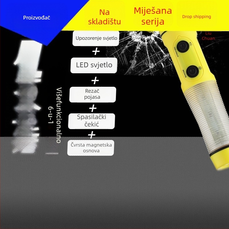 Automobilski sigurnosni čekić s LED svjetlom, 4-u-1 hitni alat: razbijanje stakla, ABS plastika, 155 g, prilagođeni logotip