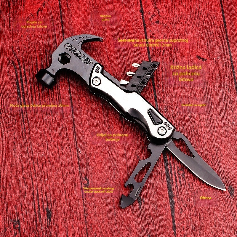 Kladivo s kandžom i glavom od alatnog čelika, razbijač prozora i alat za bijeg, odvijač – FO-4113, vanjsko višestruko funkcionalno