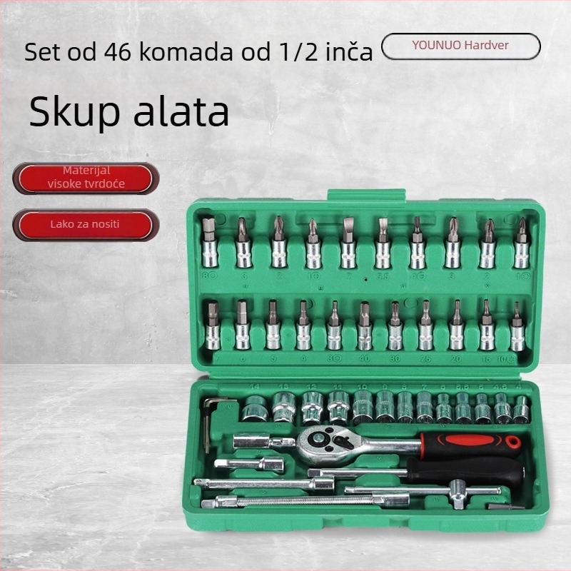 46-dijelni set rachet ključeva i nastavaka u kutiji, od cinkovog legura, za mehaničke i auto popravke