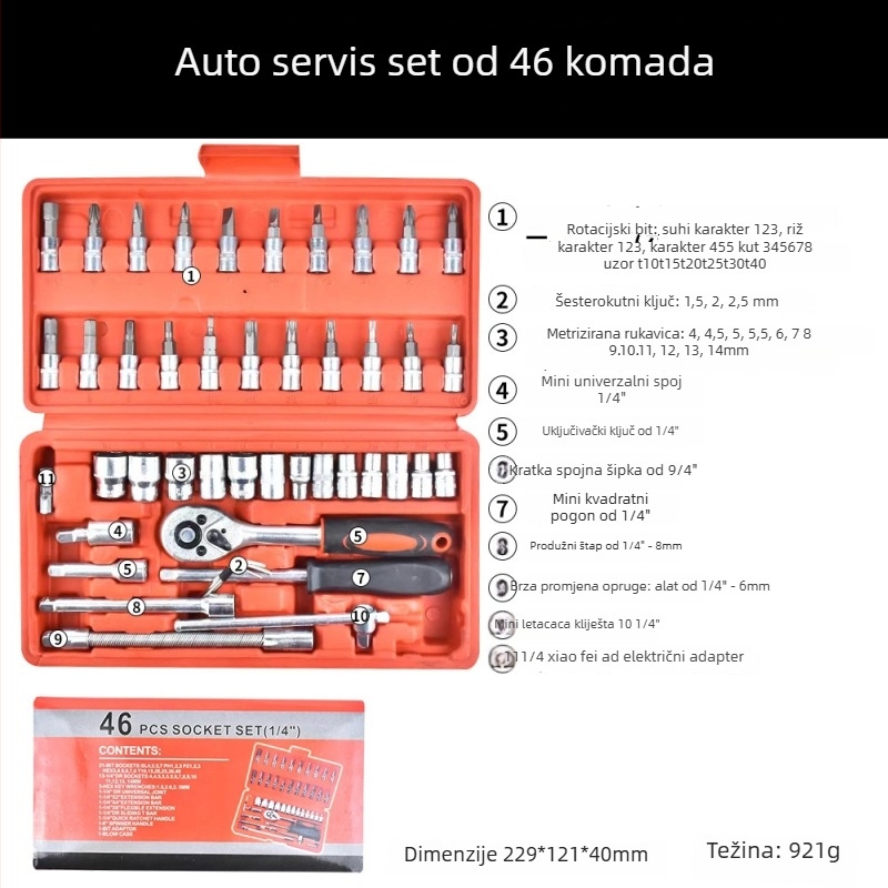 FURONGHUA 46-dijelni set alata: set utičnica s klijevima i odvijačima za auto i strojeve popravke