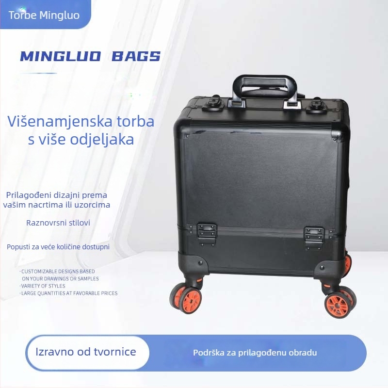 Kutija alata na kotačima od aluminijske legure sa osam unutarnjih pretinika — prijenosna višeslojna kutija za kozmetiku, nokte i šivanje, tip šipke