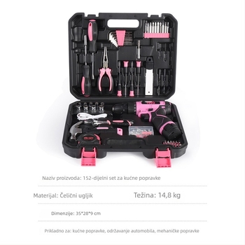Eurokingtools set alata u kutiji, karbonska čelika, 152 dijela, serija električnih bušilica, za kućne popravke i drvorezbarstvo