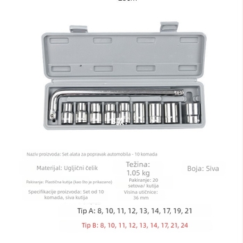 Deset djelni set socket ključeva za popravke automobila i motocikla, od visokougljičnog čelika, s kutijom alata