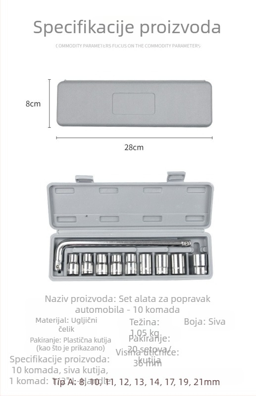 Deset djelni set socket ključeva za popravke automobila i motocikla, od visokougljičnog čelika, s kutijom alata