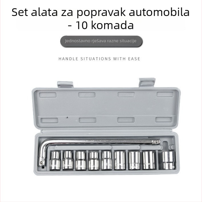 Deset djelni set socket ključeva za popravke automobila i motocikla, od visokougljičnog čelika, s kutijom alata