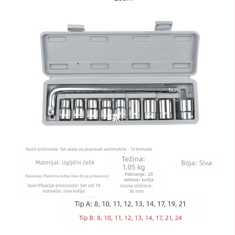 Deset djelni set socket ključeva za popravke automobila i motocikla, od visokougljičnog čelika, s kutijom alata