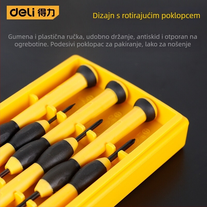 Deli mali set odvijača za satove, mobitele, računala i prijenosnike — plosne i Philips glavice, Cr-V krom-vanadij čelik, nemagnetni, bez izolacije