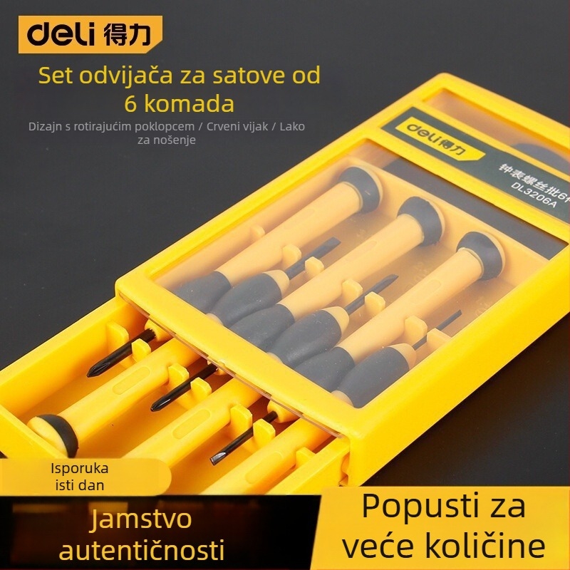 Deli mali set odvijača za satove, mobitele, računala i prijenosnike — plosne i Philips glavice, Cr-V krom-vanadij čelik, nemagnetni, bez izolacije