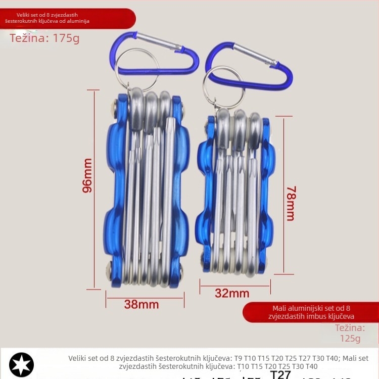 Sklopivi set šesterokutnih ključeva s aluminijskom ručkom, 40Cr materijal, metalna kućišta, za popravak bicikla