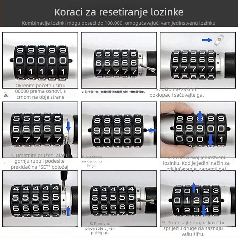 Katanac za volan s lozinkom - izvučni, univerzalna kompatibilnost, model 10348, materijal: nehrđajući čelik i aluminijska legura
