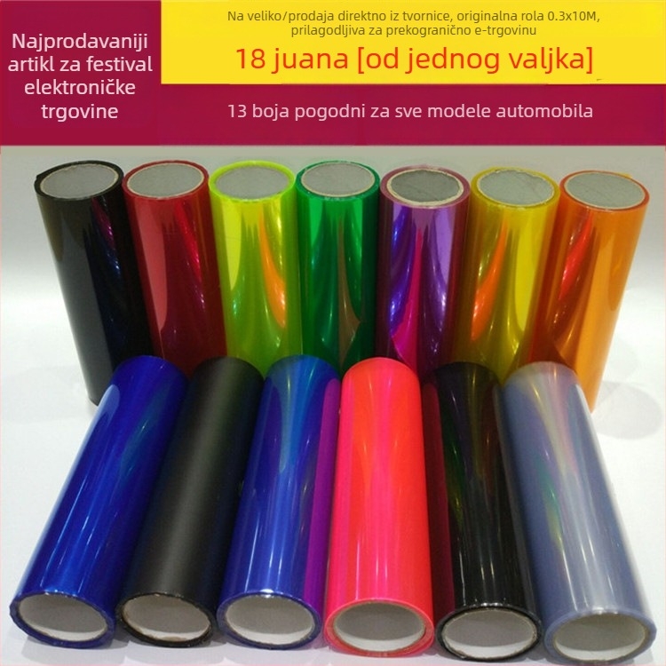 Fleksibilni film za svjetla automobila s promjenom boje, PVC materijal, naljepnica za montažu, prilagodljivo, pogodno za farove, staklo i glatke površine.