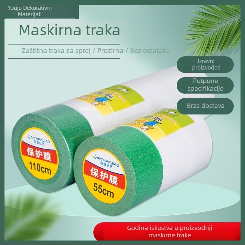 Maskirajuća folija za dekoraciju i auto popravke, debljina 0.6–0.7 mm, papir+PE film, ljepilo na bazi vode, širine 55/90/110/220 cm, duljine 10/16 m