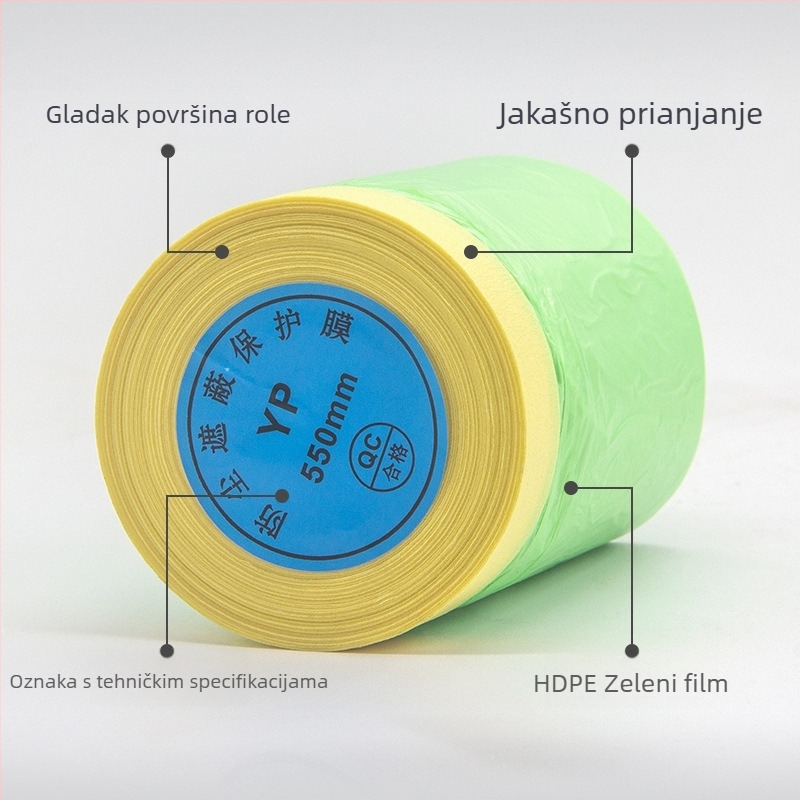 Maskirajući film za automobilsku sprej boju, HDPE maskirajući film s papirnim središtem, viskoznost visoka, debljina 0,7, prilagodljivo