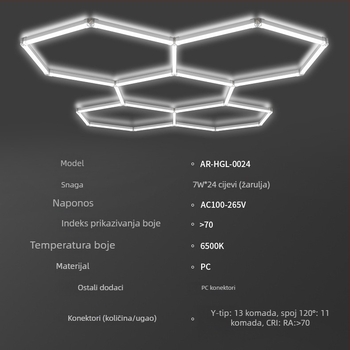 Šesterokutna LED garažna svjetiljka s pčelinjim saćem, model Garage Light-0024, 168W, 100 lm/W, 50 000 h, AC 100-265 V