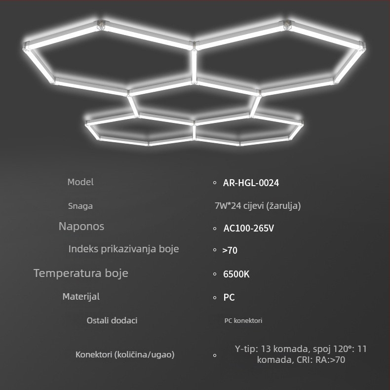Šesterokutna LED garažna svjetiljka s pčelinjim saćem, model Garage Light-0024, 168W, 100 lm/W, 50 000 h, AC 100-265 V